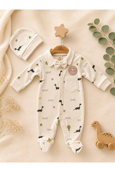 Efia Baby 3-6 Ay %100 Pamuk Dinazor Desenli Papyonlu Erkek Bebek Tulum