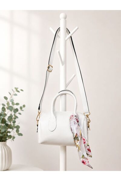 SİDEES ÇANTA White Mini Hand & Shoulder Women's Bag – Gold Zipper, Scarf Detail
