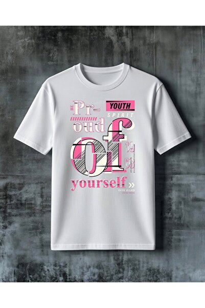 COMVİCHO تي شيرت مطبوع عليه عبارة "proud yourself youth spirit" كبير الحجم