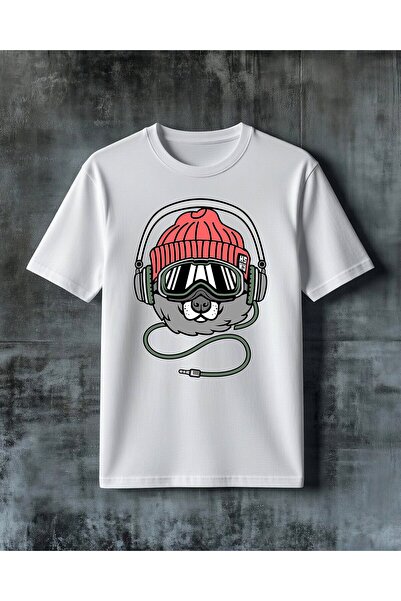 COMVİCHO Kopek Kulaklik Red Beanie Printed Oversize T-Shirt