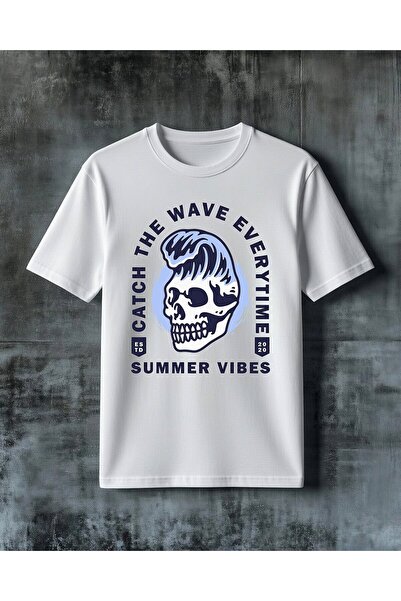 COMVİCHO تي شيرت كبير الحجم مطبوع عليه catch wave summer vibes