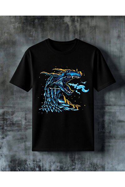 COMVİCHO تي شيرت كبير الحجم مطبوع عليه Dragon Blue Ates
