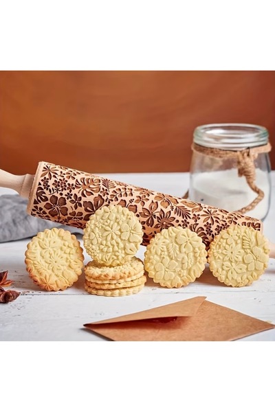 cicish Ahşap Kabartmalı Rulo Merdane (Yaprak Desen)35cm.-Mutfak Aletleri-Kura...