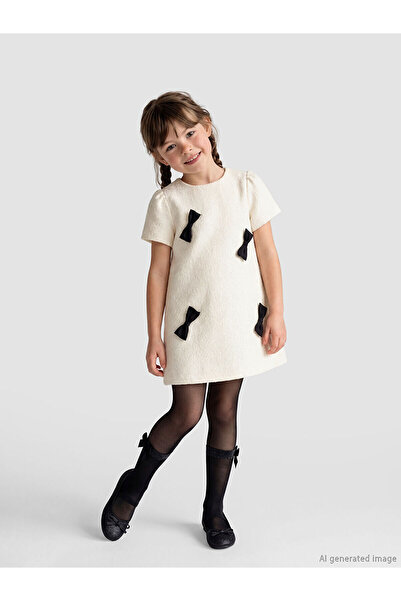 LC Waikiki Nevavm Oval Collar Bowknot Girls' Tweed Dress with a Difference