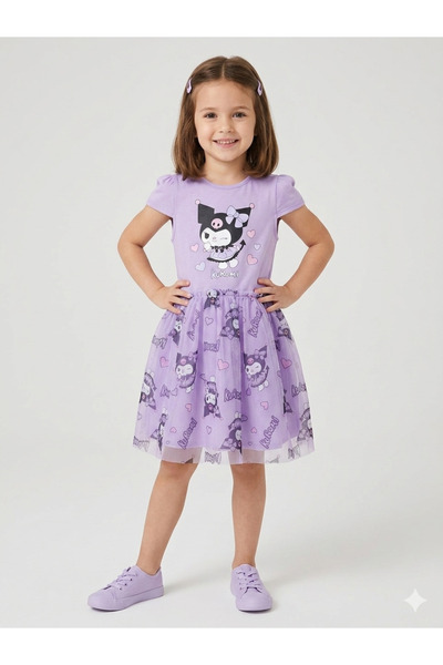Neva Baby Boutique Kuromi Printed Purple Short Sleeve Girls' Tulle Tutu Dress – Birthday / Special Occasion / Party 3-8 Years
