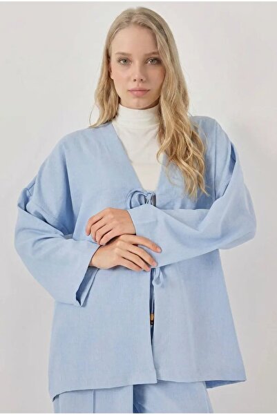 hazelin Women's Light Blue Linen Kimono Trousers Double Set with Tie Detail H...