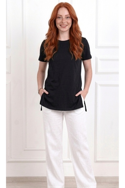 blackbonds Black Basic T-Shirt with Slits on Both Sides and Double Sleeves