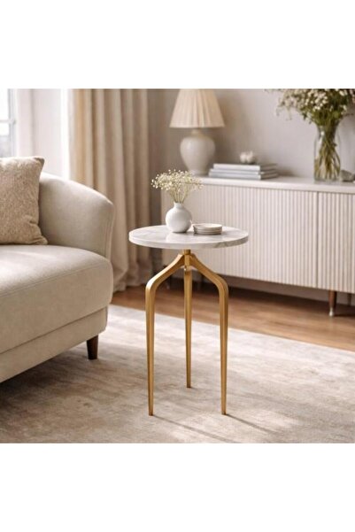 BAYTI Indian Design Marble Top Table with Golden Metal Base Round Shape Moder...