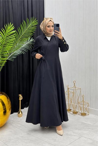 Neşeli Butik Women's Black Cuff Button Detailed Embellished Hijab Ferace Dress --- Nms097