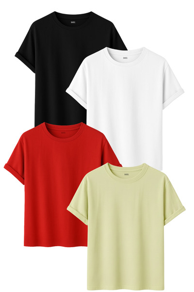 DK DAKSEL Men's 4-Piece Basic T-Shirt Pack Black White Red Yellow Colors Comf...