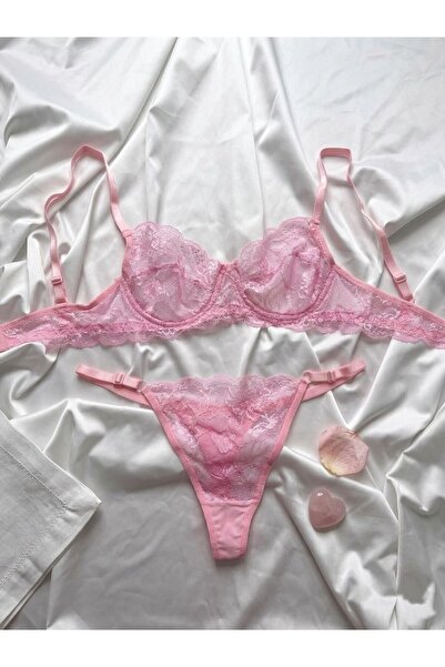 CASULA İpli Pembe Dantel Bralet Takım