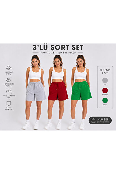 POLYMOOD Set de 3 pantaloni scurți din bumbac pieptănat, supradimensionați, c...