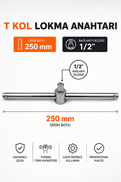 Badem10 T Kol 1/2 250 Mm Çelik Lokma Anahtar Kolu Oto Tamir Bakım Uyumlu El A...