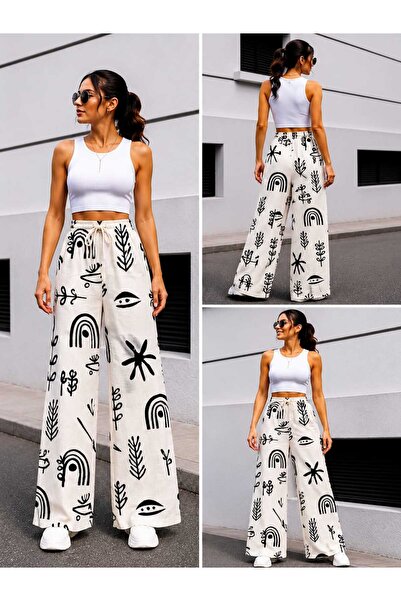 ECK MODA Women's New Season Elastic Waist Loose Fit Linen Trousers