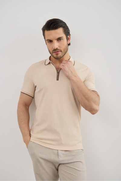 RAVANELLI Tricou pentru bărbați cu guler polo, cu fermoar și detaliu cu dungi...