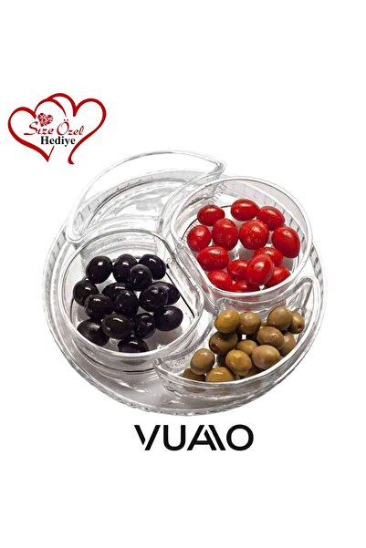 VUAO طبق إفطار زجاجي دائري مكون من 4 أقسام 5 قطع - طبق تقديم زجاجي مع صينية ز...