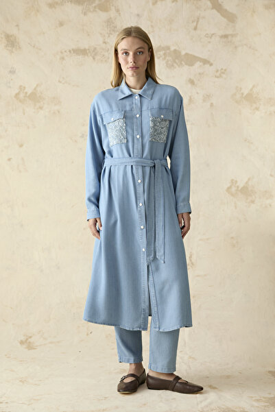 Zühre Embroidery Detailed Belted Buttoned Blue Giy Çık 0326