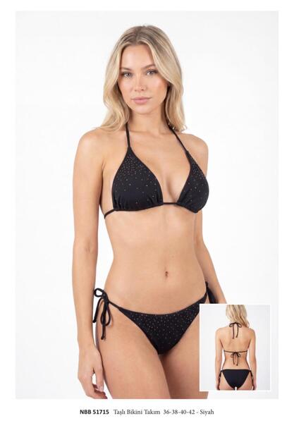 NBB siyah taşlı bağcıklı taşlı bikini takımı