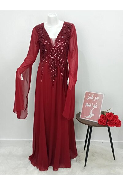 NAWAEIM High-End Sequin Embroidery Straight Cut Long Chiffon Evening Dress