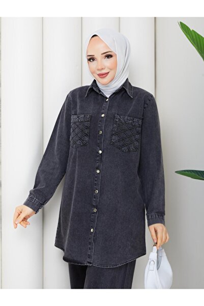 exxitcollection Women's Hijab Denim Suit with Front Button Pocket Detail, Jac...