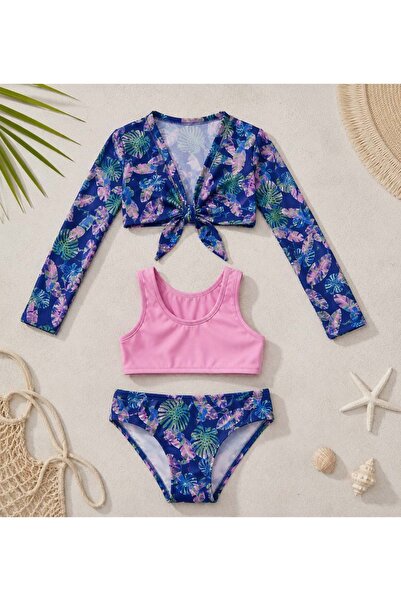 Lolliboomkids Girl's Daisy Tropical Pattern Pareo Halter Neck Bikini Set 3-Pi...