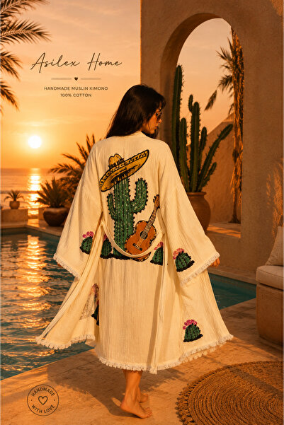 Asilex Home Collection Cactus Patterned Hand Printed Muslin Kimono Beach Dres...