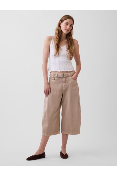 GAP Kadın Bej Mid Rise Kemerli Culotte Barrel Pantolon