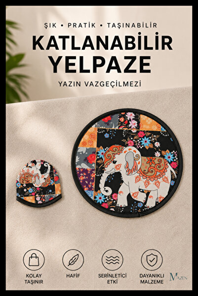 MAZEN Etnik Fil Desenli Katlanabilir Yuvarlak Yazlık Taşınabilir El Yelpazesi