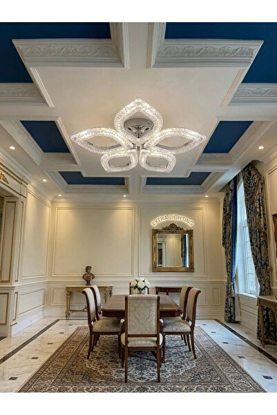 Lüxev Lighting Flora Model Gümüş 5"li Ledli 3 Renk Modu Kristal Salon Mutfak ...