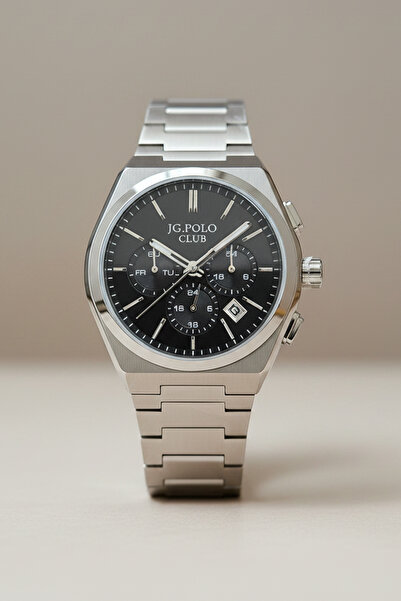 JG. Polo Club ساعة يد رجالية بسوار فولاذي بقطر 41 ملم، مينا أسود، مقاومة للما...