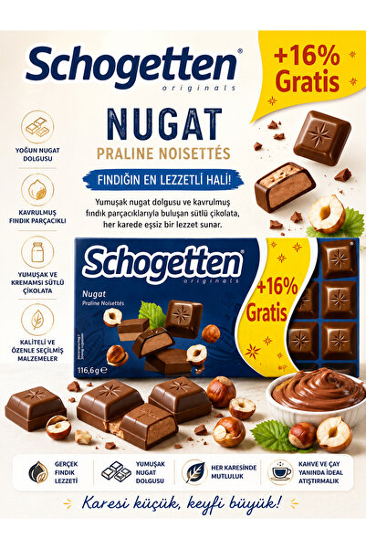Schogetten Nougat Pralin Fındıklı Sütlü Çikolata 116,6g – Yoğun Nugat Dolgulu