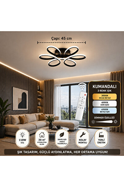 kra avize Papatya 45 Cm Siyah 3 Renk Ledli Kumandalı Plafonyer Avize
