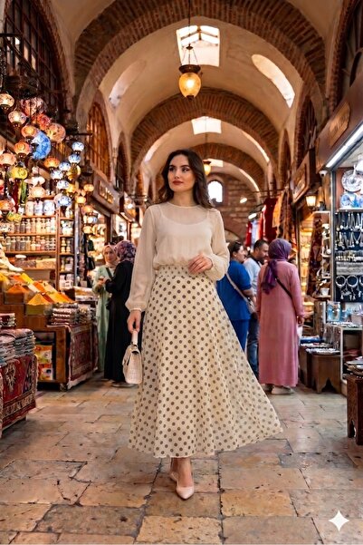 HANIMCA GİYİM Elastic Waist, Polka Dot Pattern, Lined Chiffon Skirt, Size 38 ...