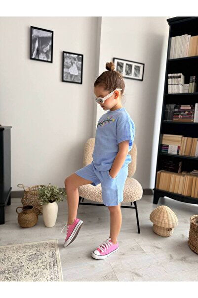 Huzeyfe Kids Kız Çocuk Çiçekli Müslin Kumaş Şortlu Takım