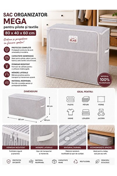ALAS Mega Bag for storing quilts and textiles, 80x40x60 cm, gray striped pattern
