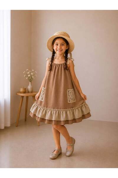 zepkids Girl's Dress with Pockets and Ruffle Detail, Brown Summer Model