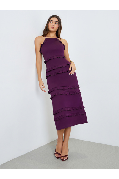 Styli Purple Ruffle Sheath Midi Dress
