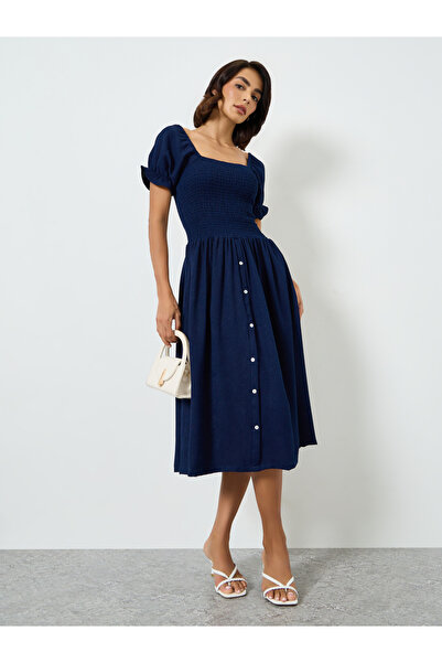 Maxim Creation By Styli Navy Blue Smocked Bodice Knee Length Dress