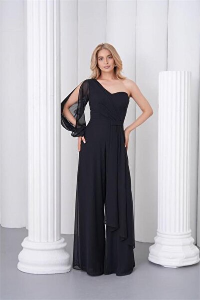 Neşeli Butik Women's Black One-Sleeve Lined Tulle Fabric Design Evening Dress...