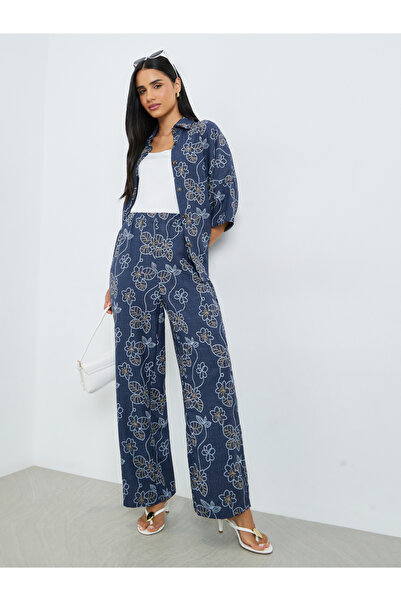 Styli Navy Blue Floral Print Shirt and Trousers Co-Ords