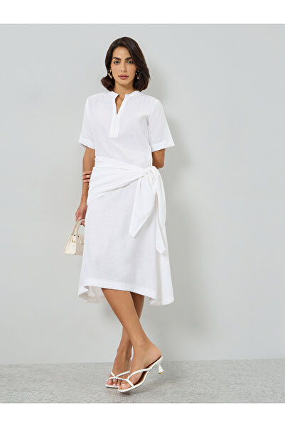 Maxim Creation By Styli Off White Wrap Tie-Waist Detail Midi Dress