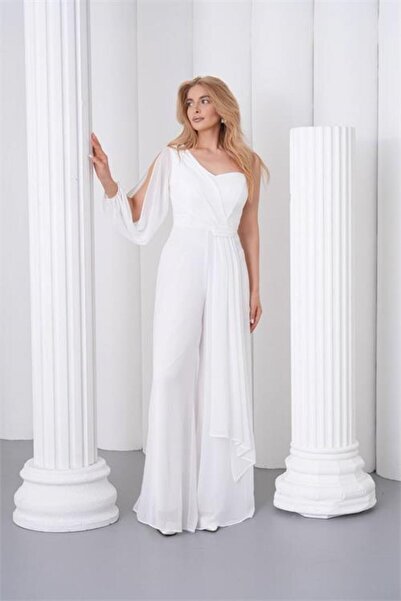 Neşeli Butik Women's White One-Sleeve Lined Tulle Fabric Design Evening Dress...