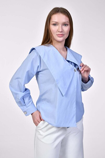 kenza'a Kenza asymmetric collar long sleeve blue shirt - blue