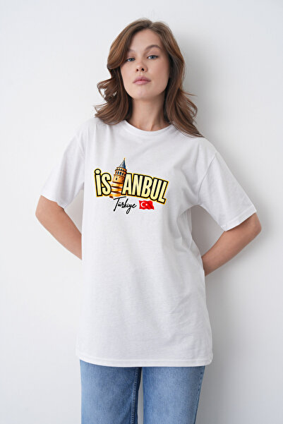 TREND EMMODA Tricou alb cu gât rotund, cu imprimeu Turnul Galata din Istanbul...