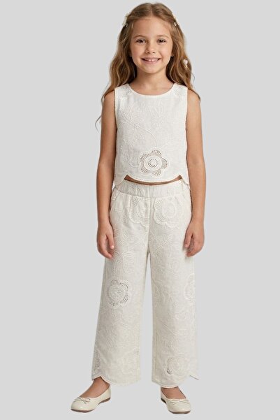 ww waka waka kids store Girl's Embroidered Crop Blouse and Wide-Leg Pants Set