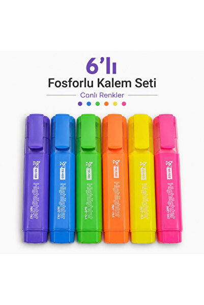Mikro Büyük Boy Fosforlu Kalem 6 Renk Set - Kağıdı Islatmayan Canlı Neon Renk...
