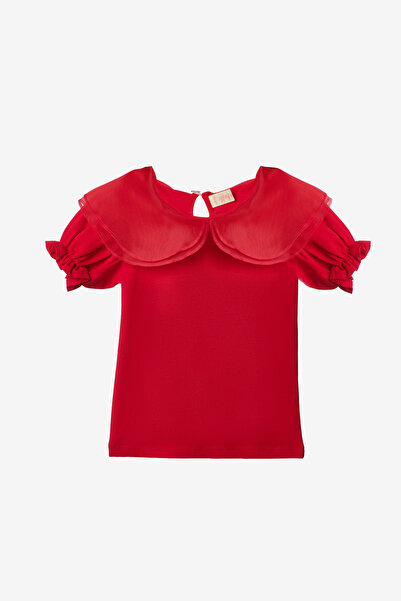 Le Mabelle Red Short Sleeve Organza Collared Girl's T-Shirt