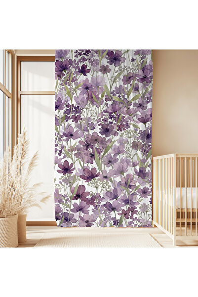 Hanna Home Mor Floral Desenli Kadife Görünümlü Salon fon perde