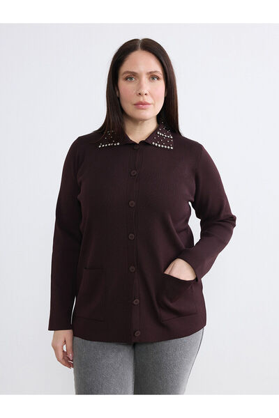 LC Waikiki Nevavm Women's Polo Collar Stone Embellished Knitwear Cardigan