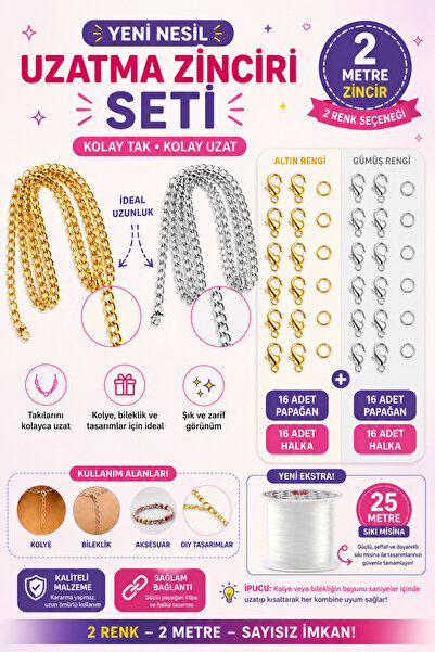 By MO Accessories 25 metre Sıkı Misina Gümüş ve Altın Renk Zincir Papağan Hal...